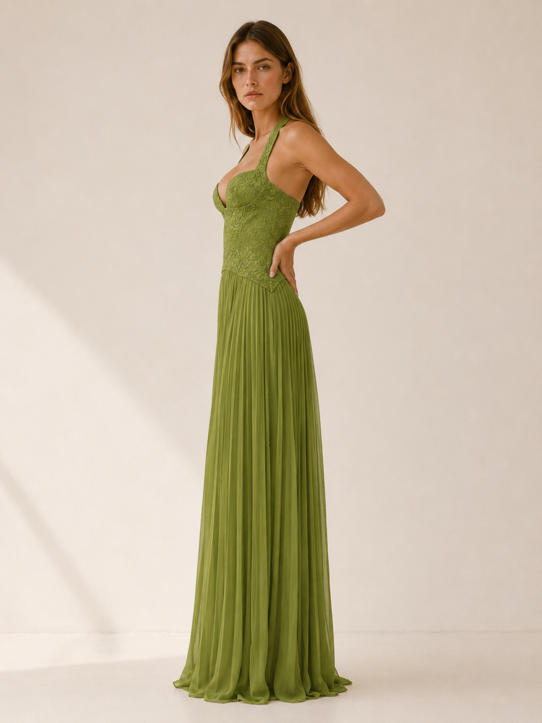 Clarisse | Lace Bodice Maxi Dress with Pleated Skirt