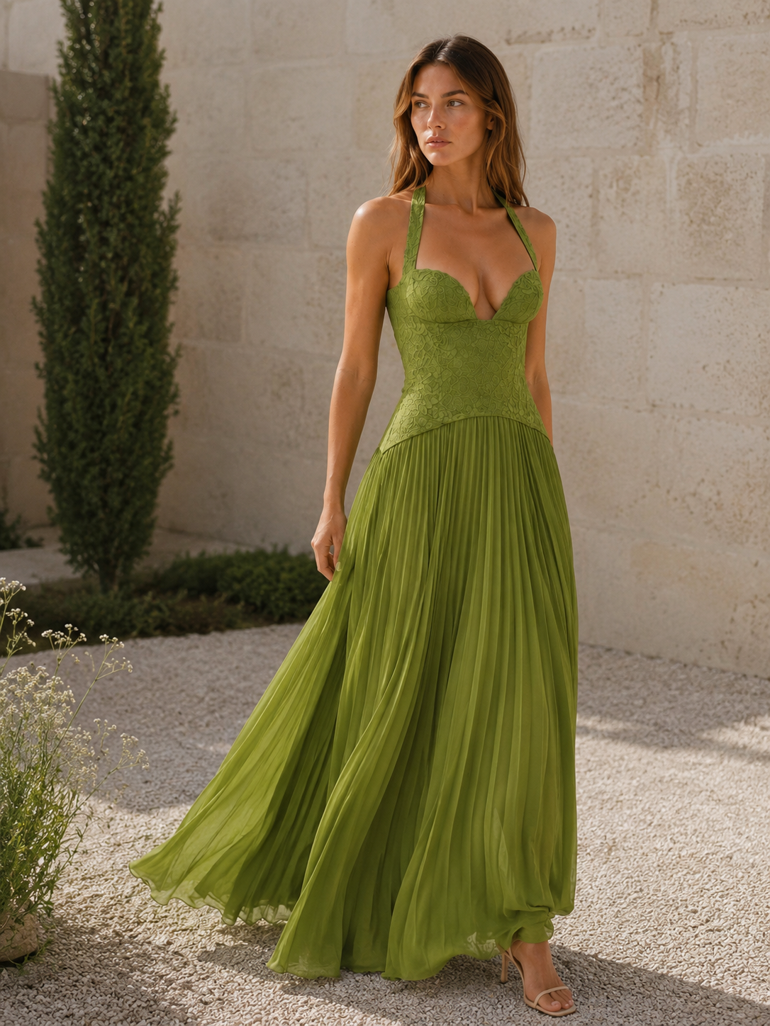 Clarisse | Lace Bodice Maxi Dress with Pleated Skirt