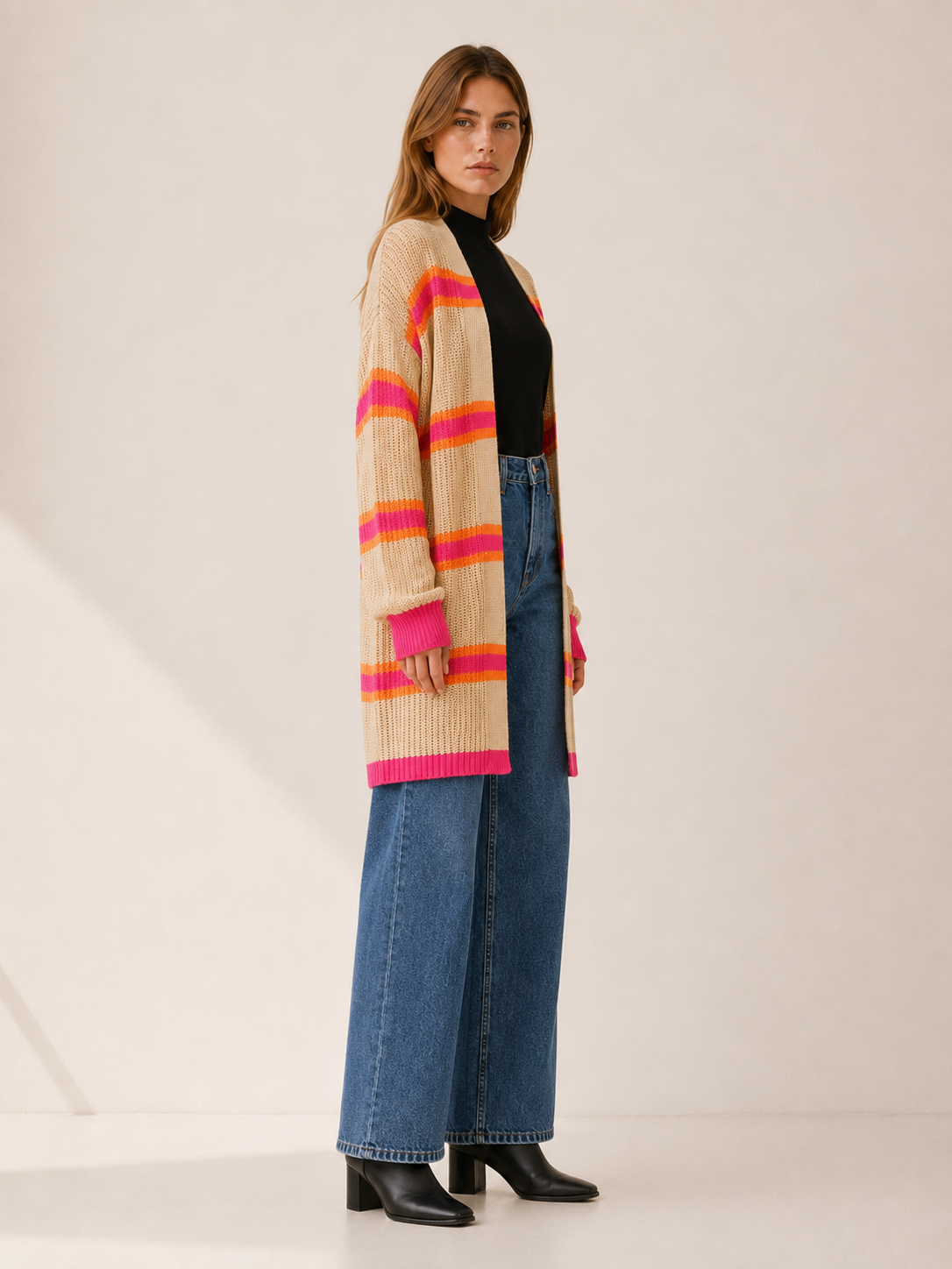 Claudine | Long Cardigan with Open Front and Striped Design