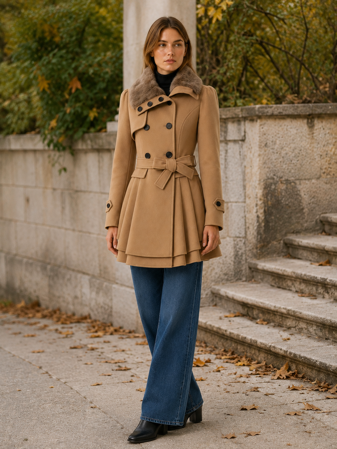 Cybele | Women’s Trench Coat with Tie Waist and Flared Hem