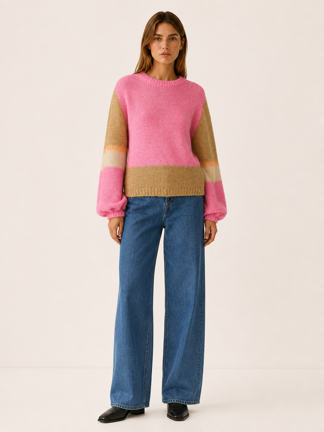 Damaris | Colour-Block Jumper with Round Neck and Balloon Sleeves