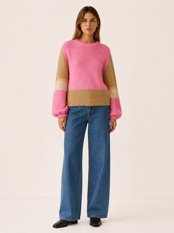 Damaris | Colour-Block Jumper with Round Neck and Balloon Sleeves