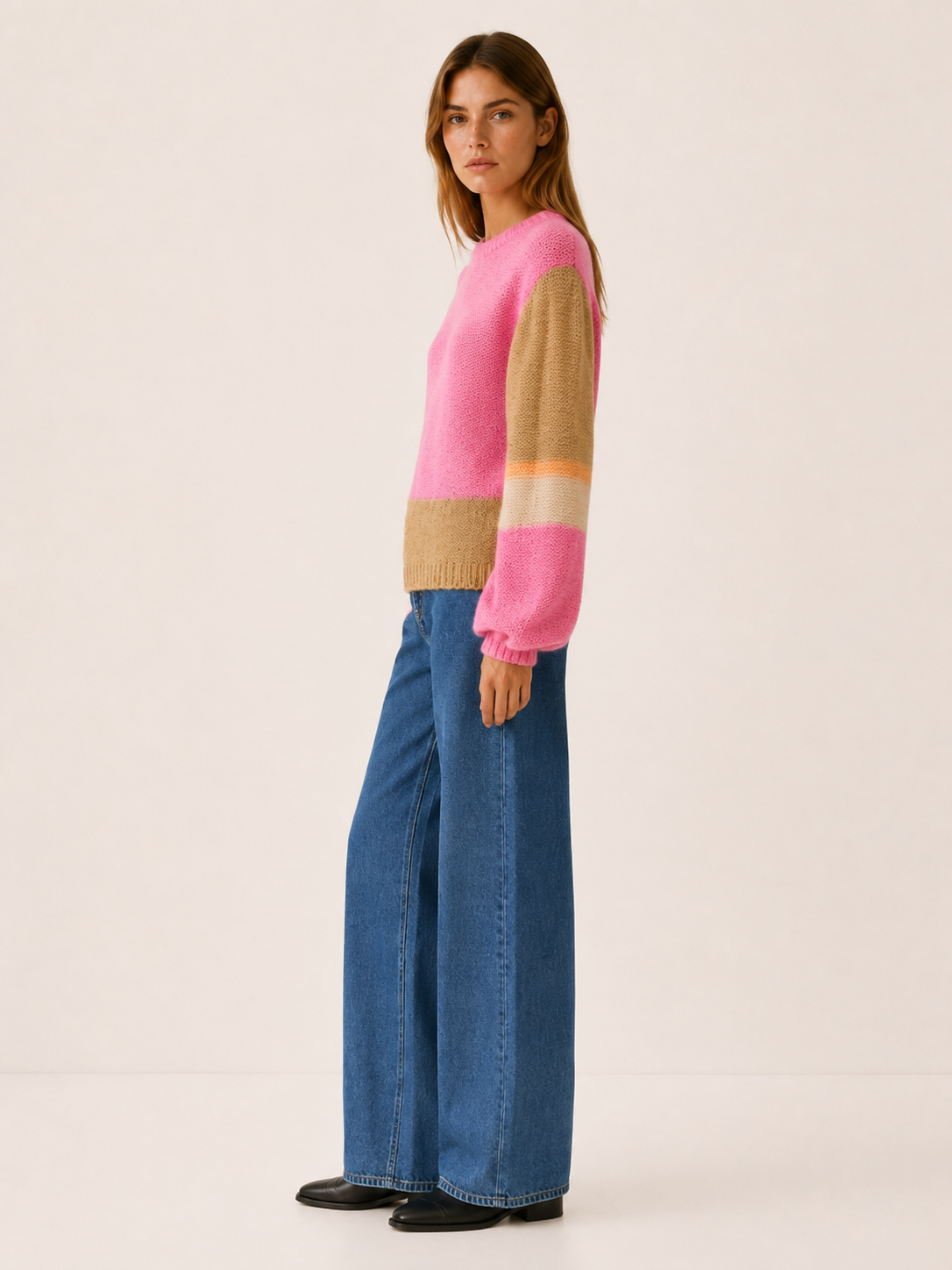 Damaris | Colour-Block Jumper with Round Neck and Balloon Sleeves