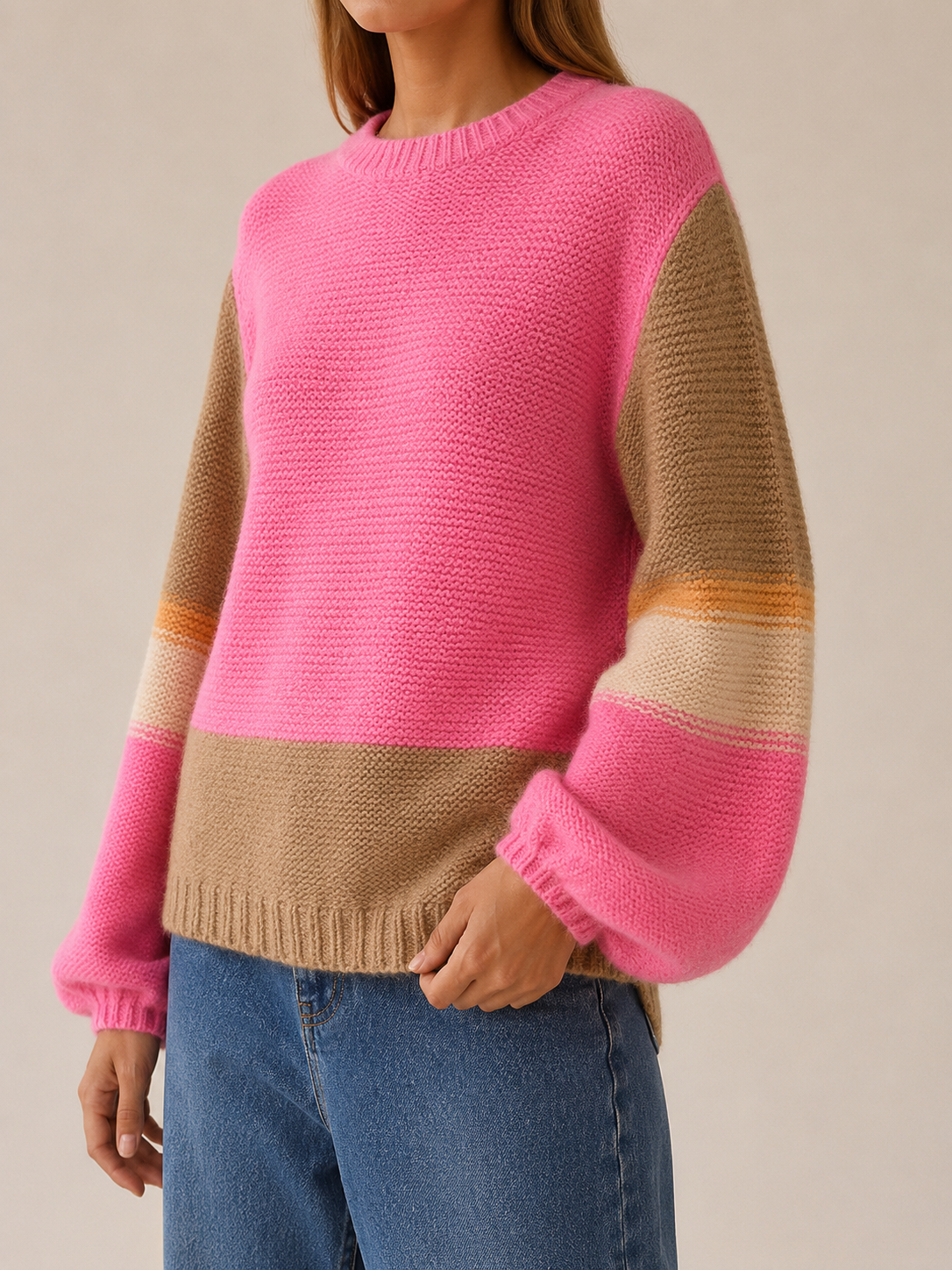 Damaris | Colour-Block Jumper with Round Neck and Balloon Sleeves