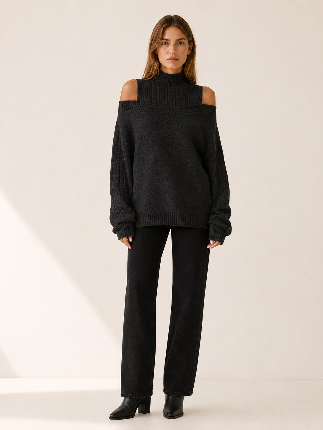 Darselle | High Neck Sweater with Cold Shoulder Cut-Outs