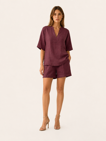 Davina | Linen Shorts Set with V Neck Top