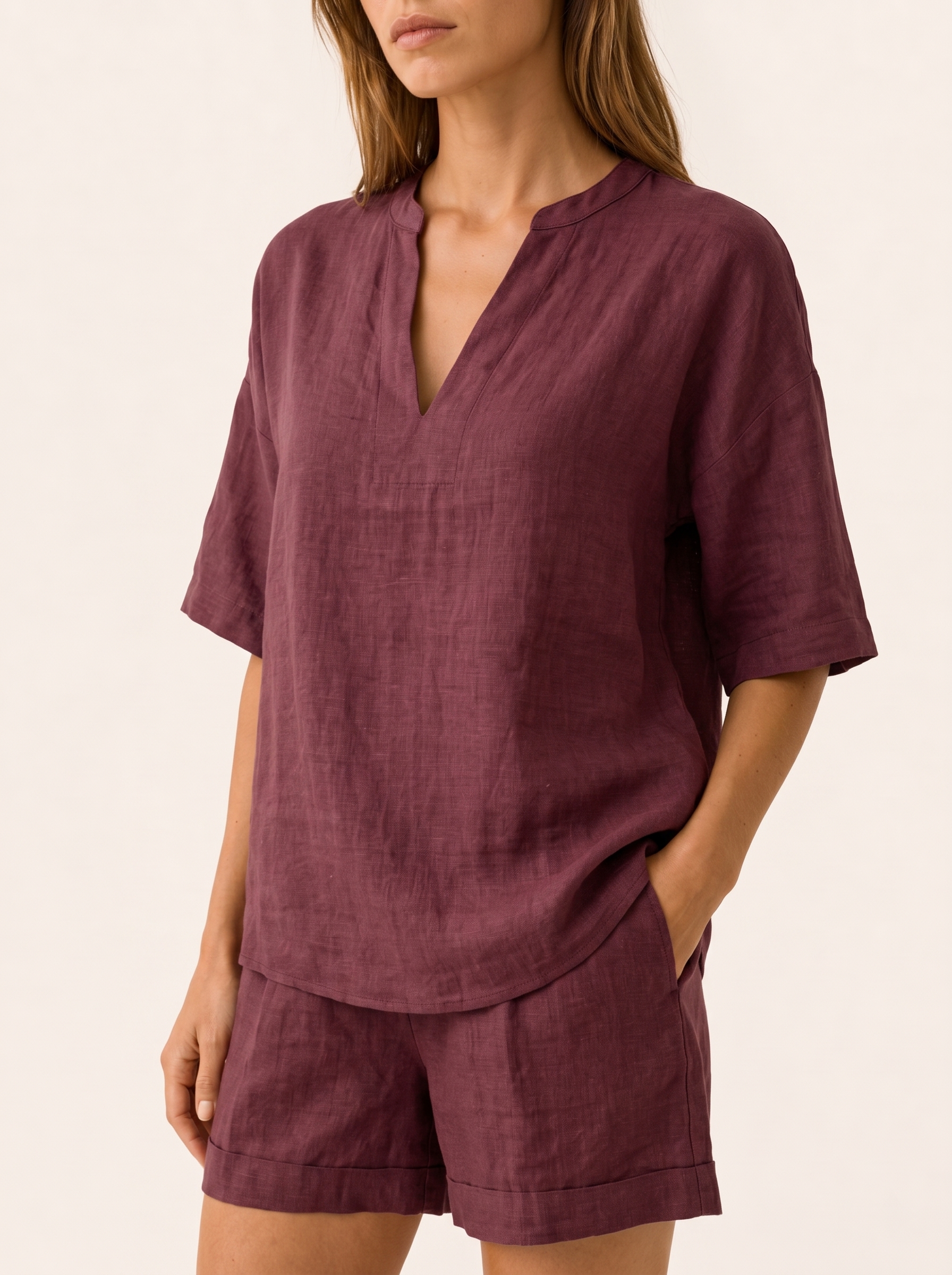 Davina | Linen Shorts Set with V Neck Top