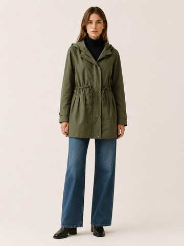 Delphine | Women’s Hooded Trench Coat with Drawstring Waist
