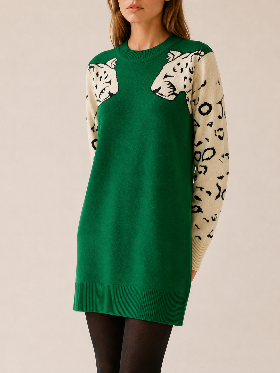 Delyra | Oversized Jumper with Leopard Print and Crew Neck