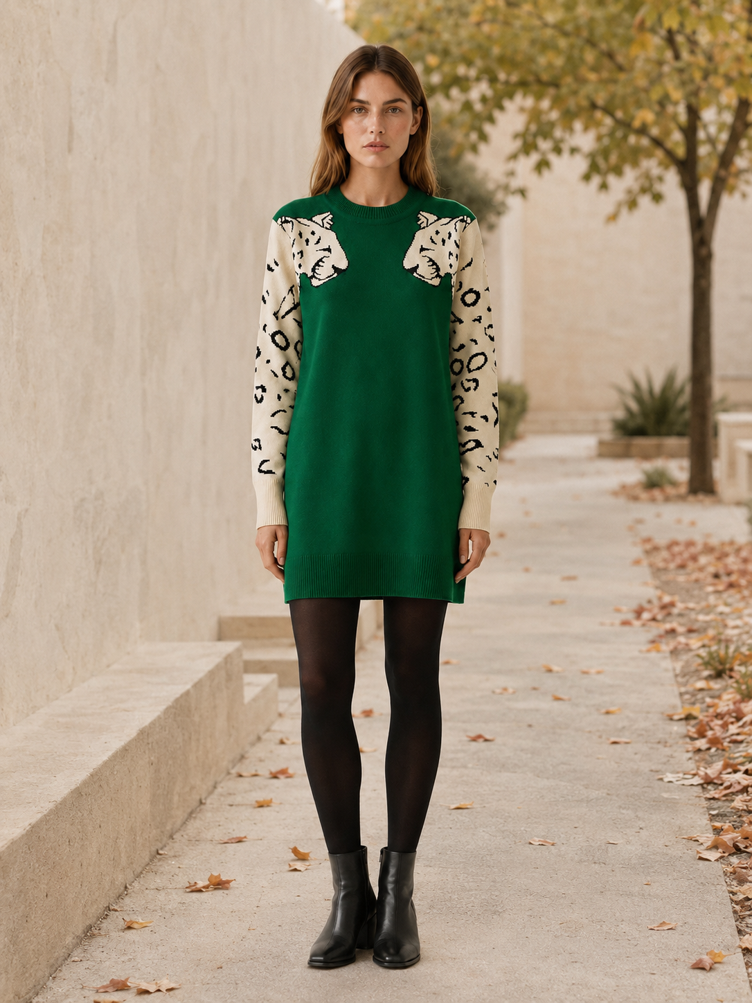 Delyra | Oversized Jumper with Leopard Print and Crew Neck