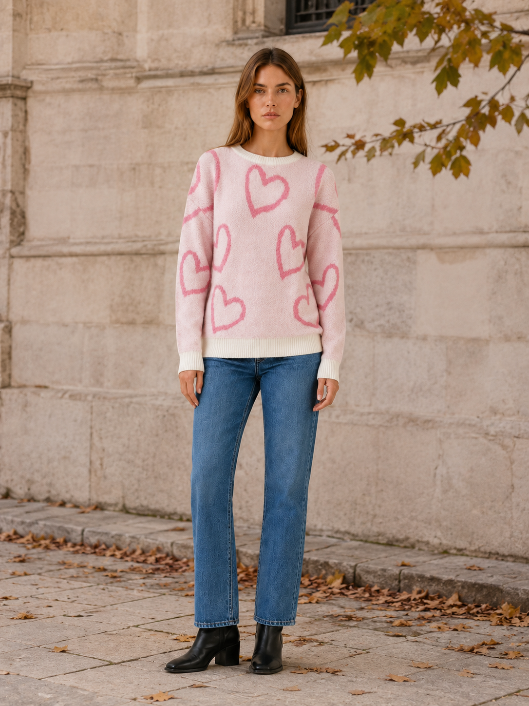 Diantha | Crew Neck Jumper with Heart Pattern