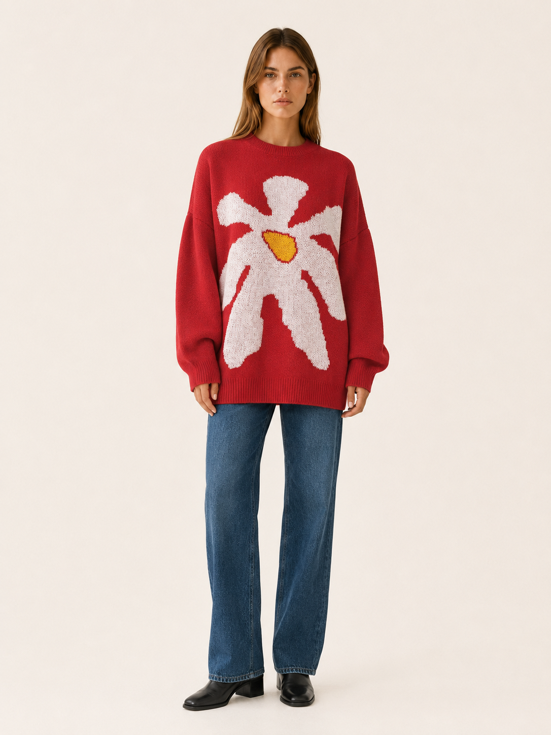 Dorevyn | Knit Sweater with Floral Motif and Oversized Fit