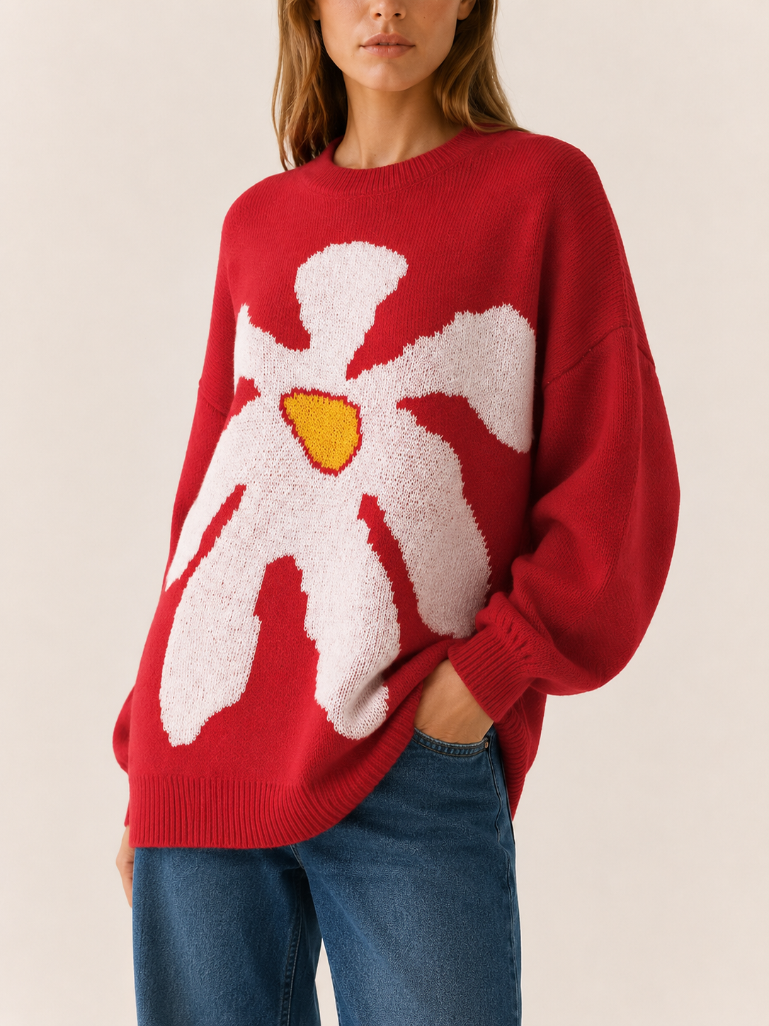 Dorevyn | Knit Sweater with Floral Motif and Oversized Fit