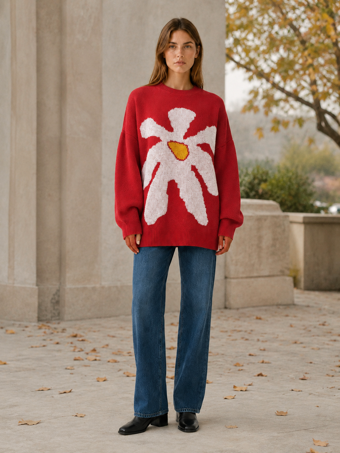 Dorevyn | Knit Sweater with Floral Motif and Oversized Fit