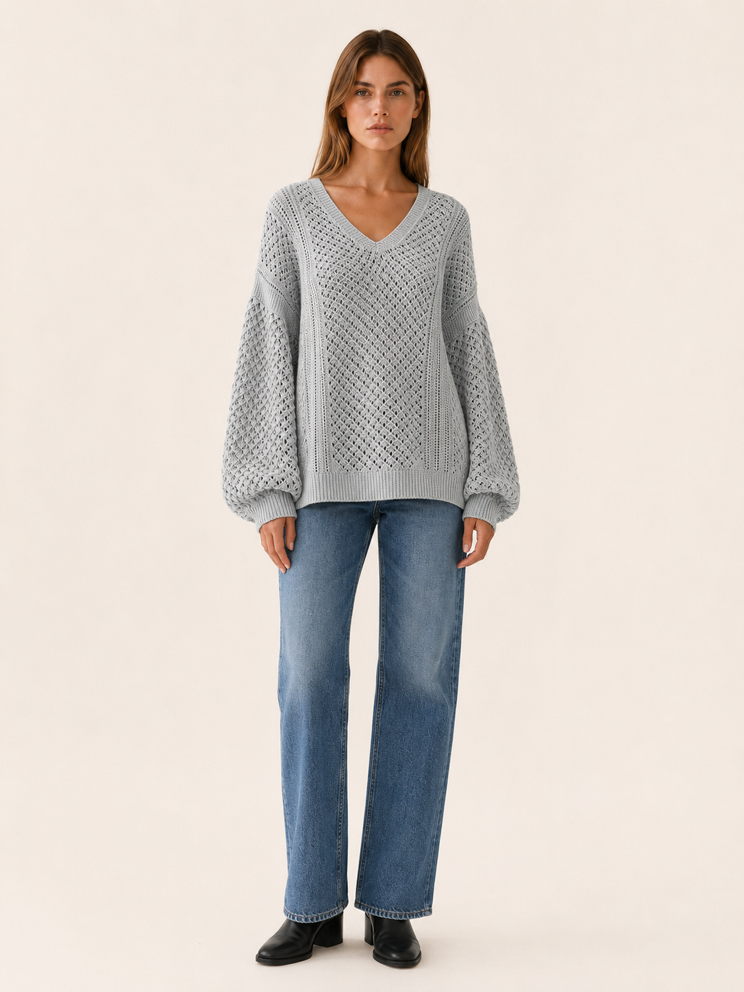 Dovrielle | V Neck Jumper with Openwork Detail and Relaxed Fit