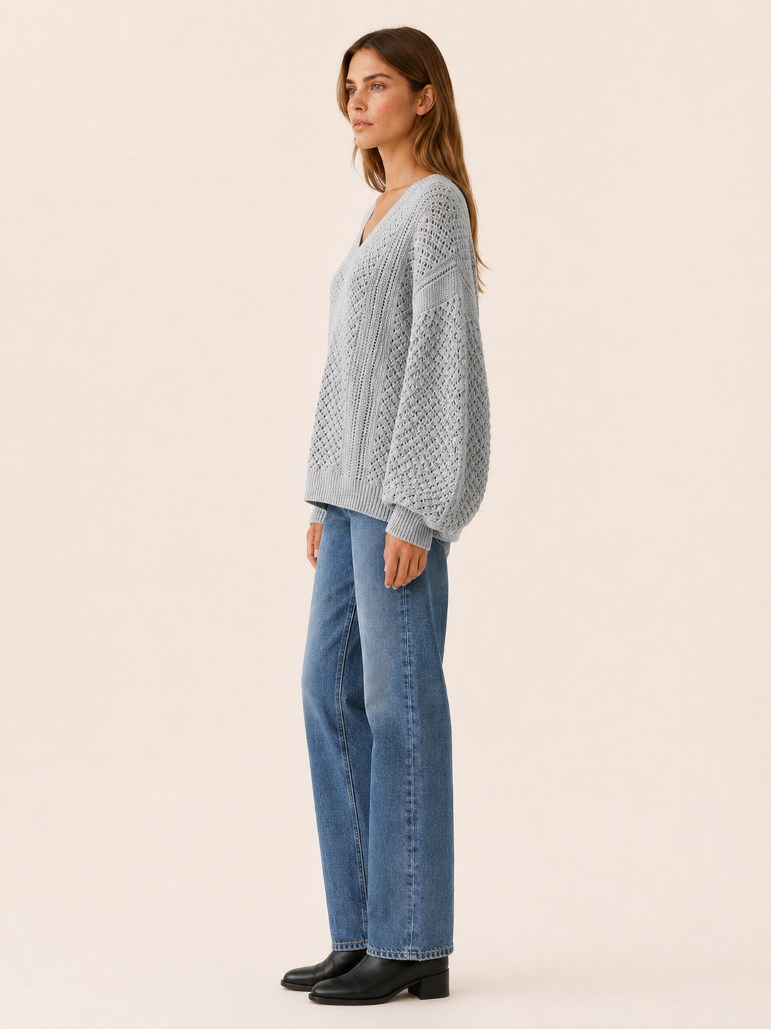 Dovrielle | V Neck Jumper with Openwork Detail and Relaxed Fit