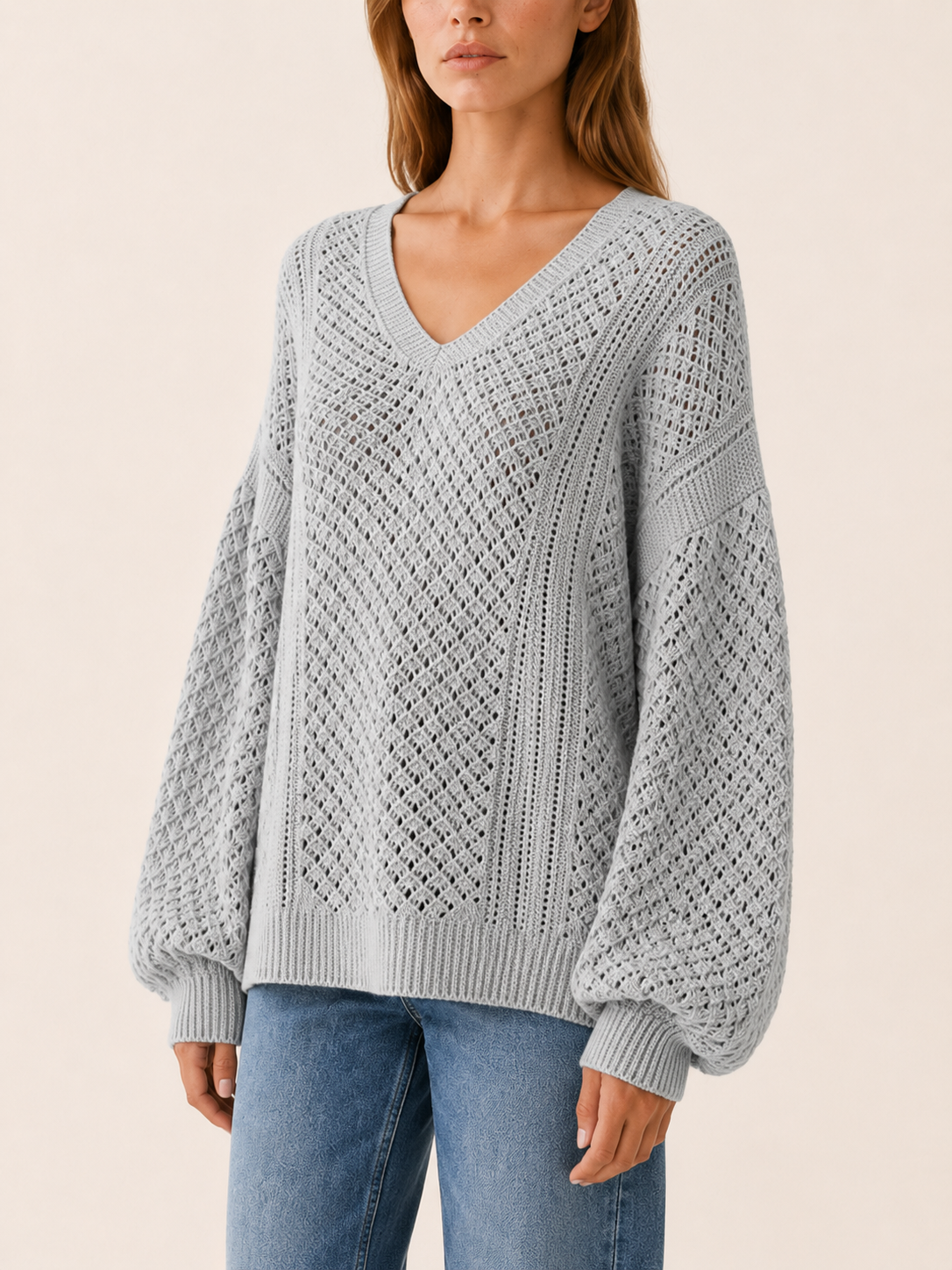 Dovrielle | V Neck Jumper with Openwork Detail and Relaxed Fit