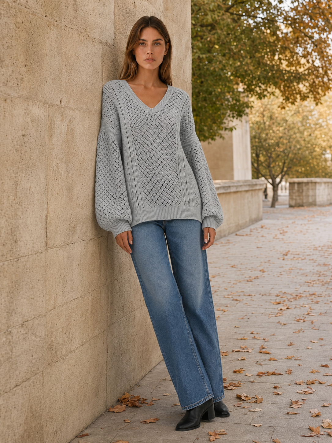 Dovrielle | V Neck Jumper with Openwork Detail and Relaxed Fit