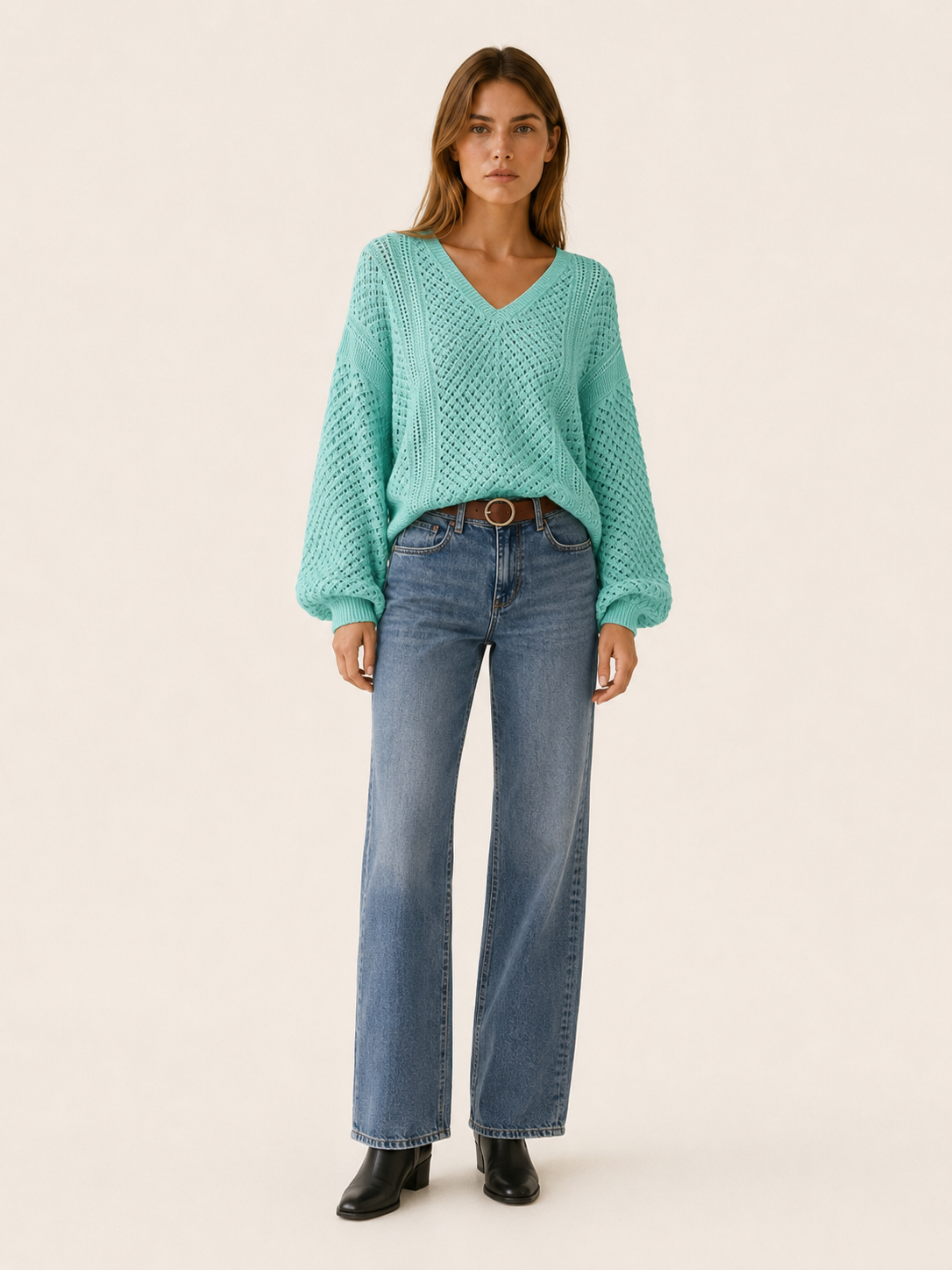 Dovrielle | V Neck Jumper with Openwork Detail and Relaxed Fit
