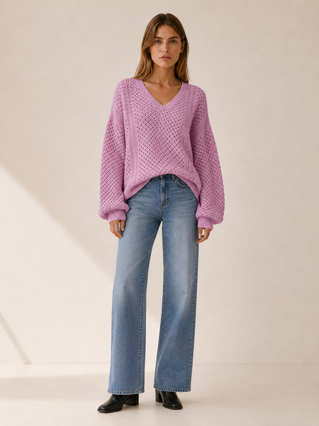 Dovrielle | V Neck Jumper with Openwork Detail and Relaxed Fit