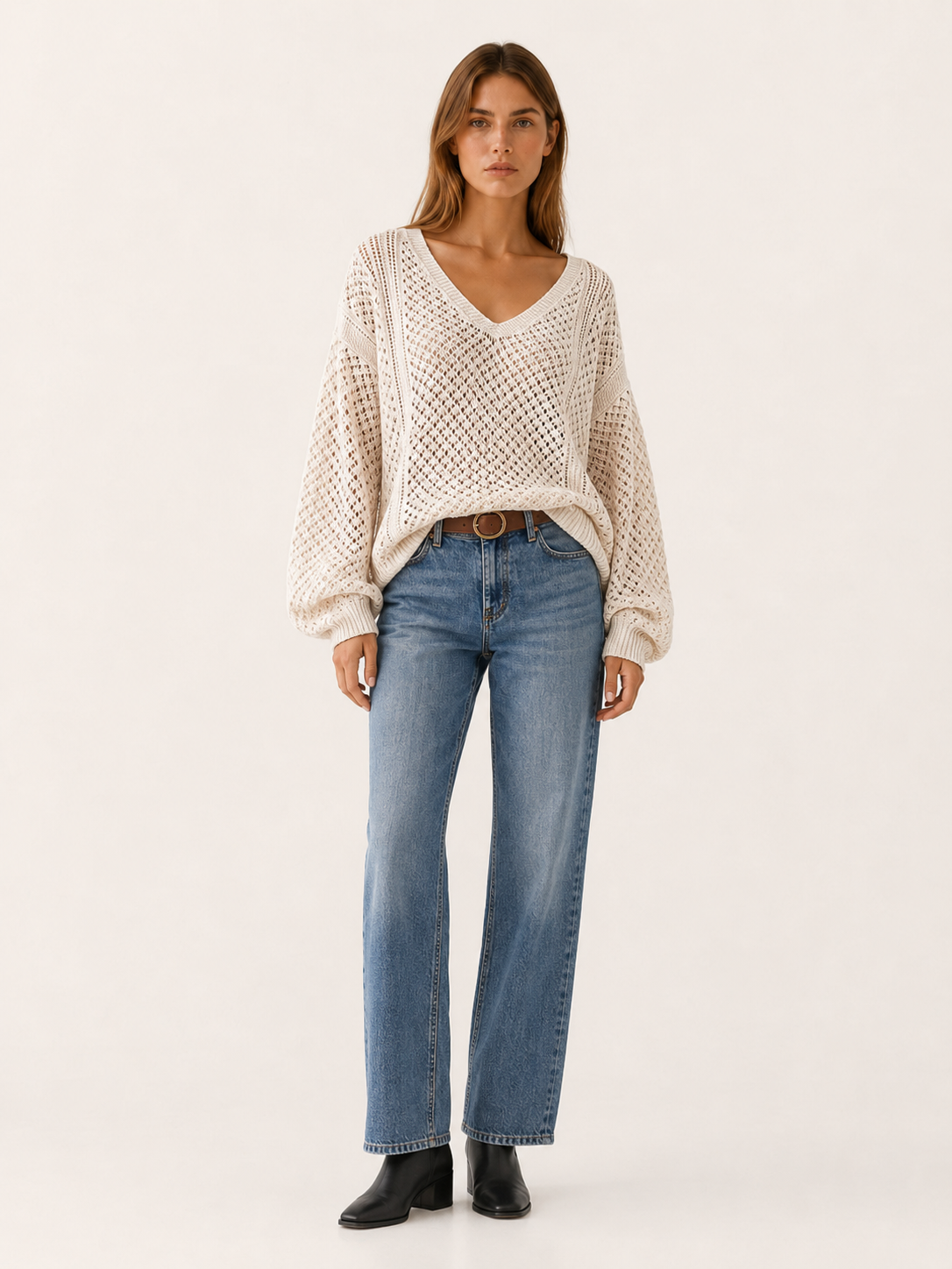 Dovrielle | V Neck Jumper with Openwork Detail and Relaxed Fit