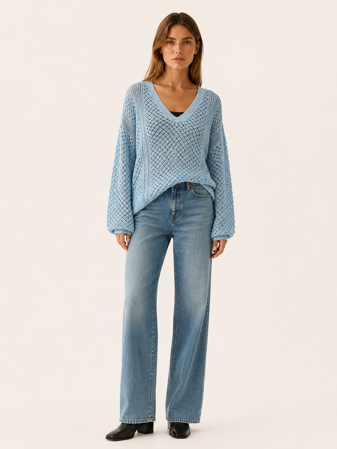Dovrielle | V Neck Jumper with Openwork Detail and Relaxed Fit