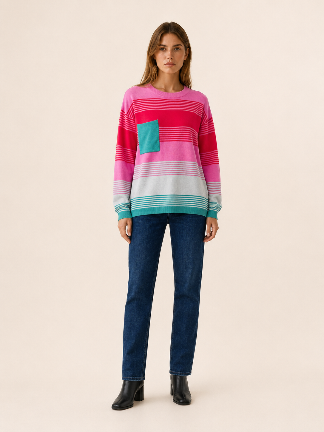 Edravelle | Round Neck Sweater with Striped Design and Patch Pocket