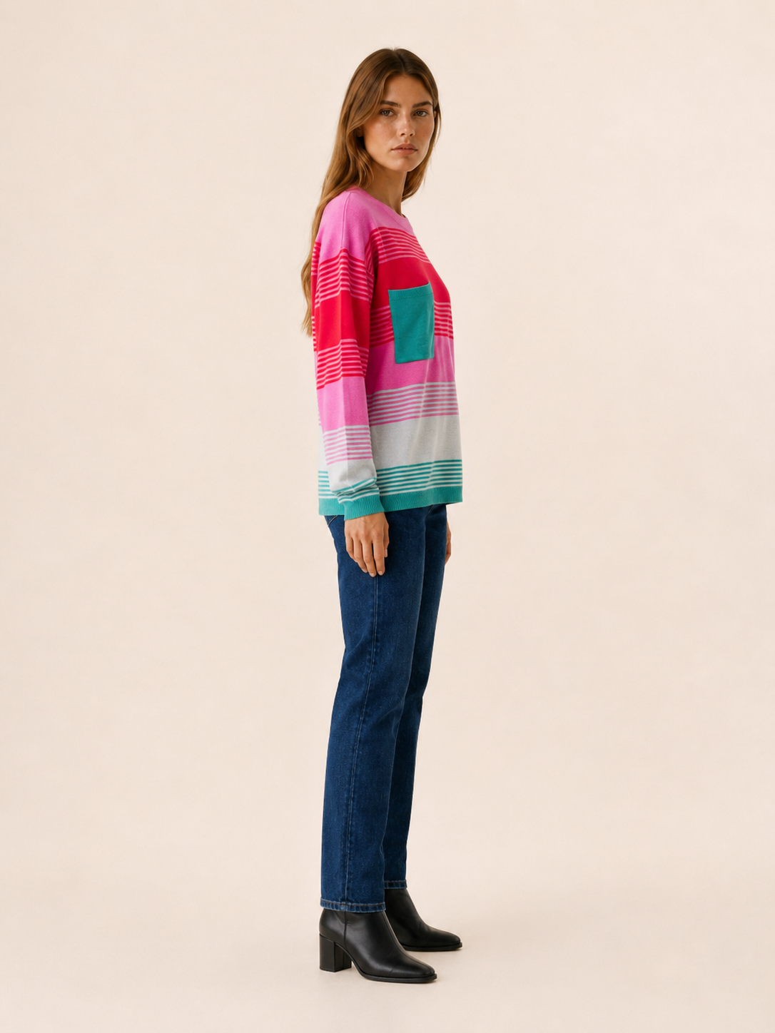 Edravelle | Round Neck Sweater with Striped Design and Patch Pocket