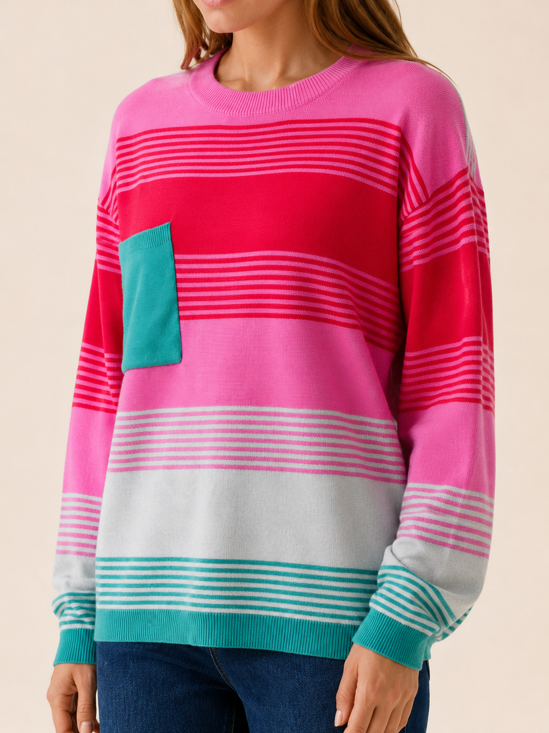 Edravelle | Round Neck Sweater with Striped Design and Patch Pocket