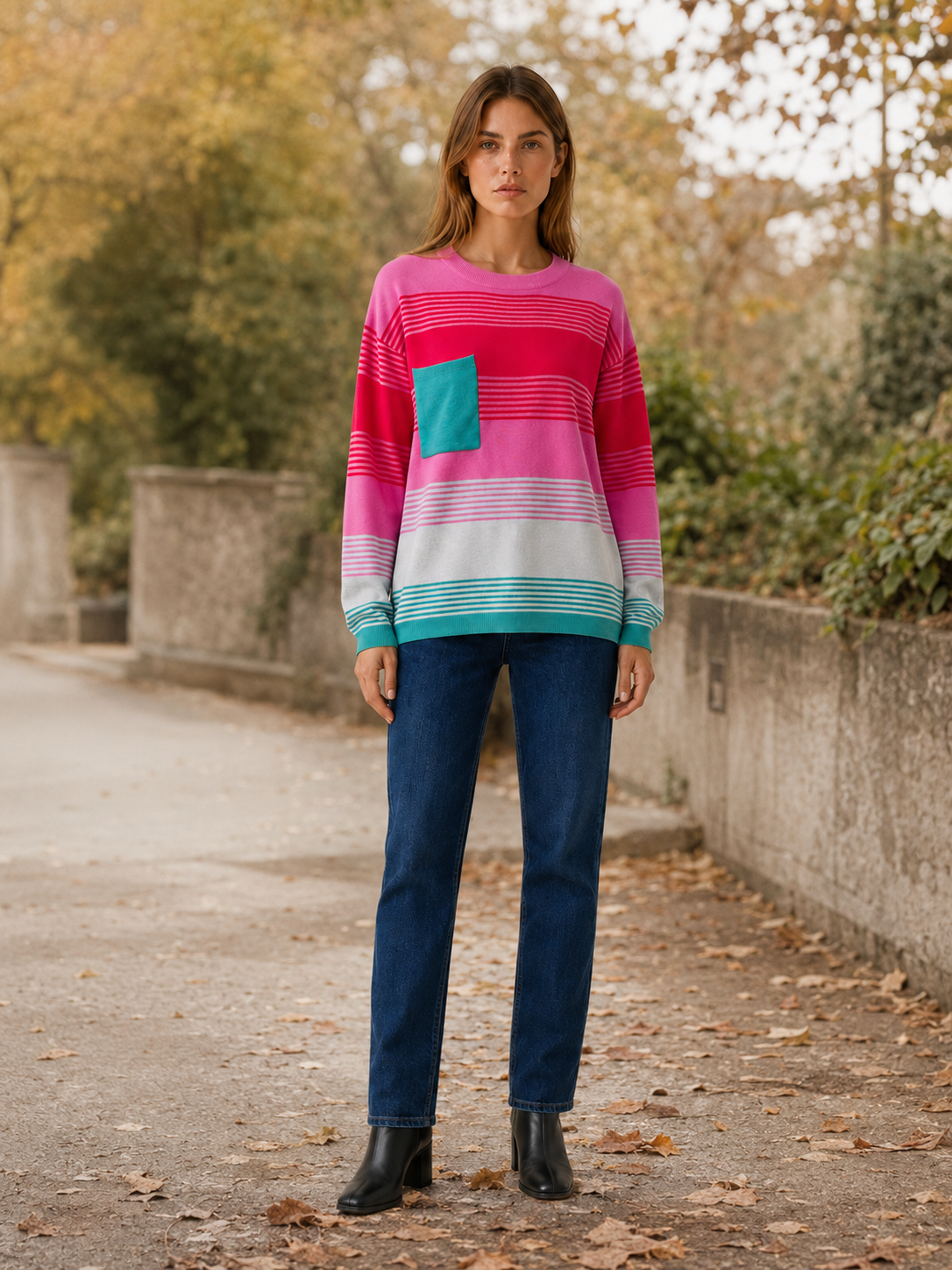 Edravelle | Round Neck Sweater with Striped Design and Patch Pocket