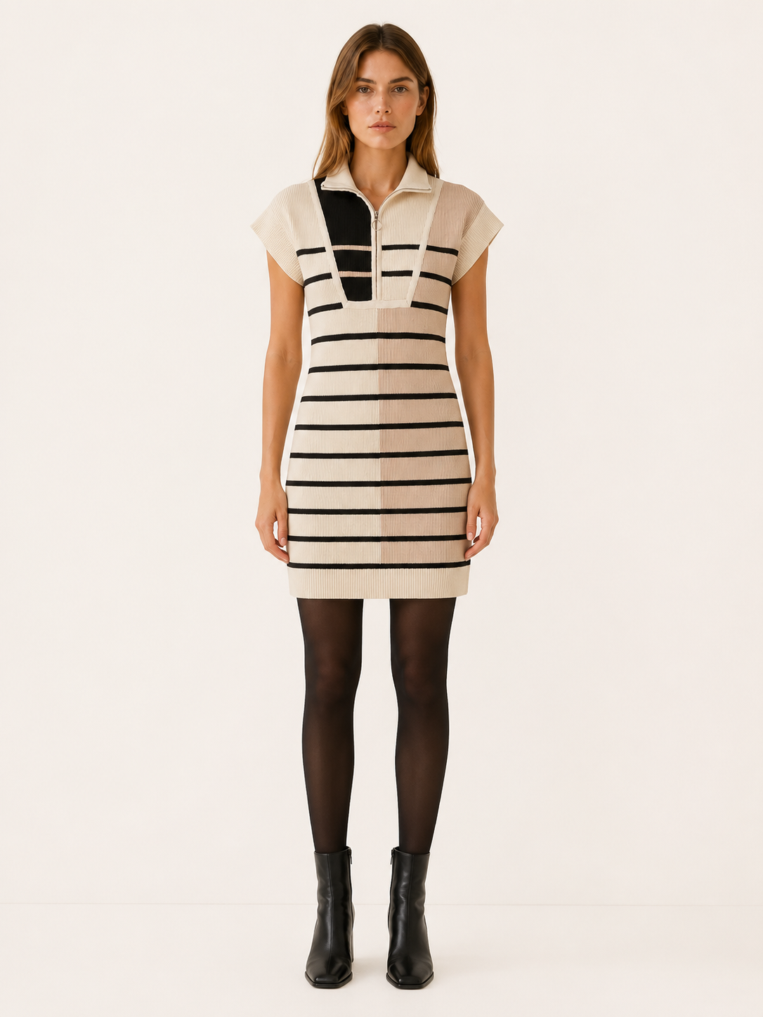 Eiravelle | Sweater Dress with Quarter Zip and Striped Design