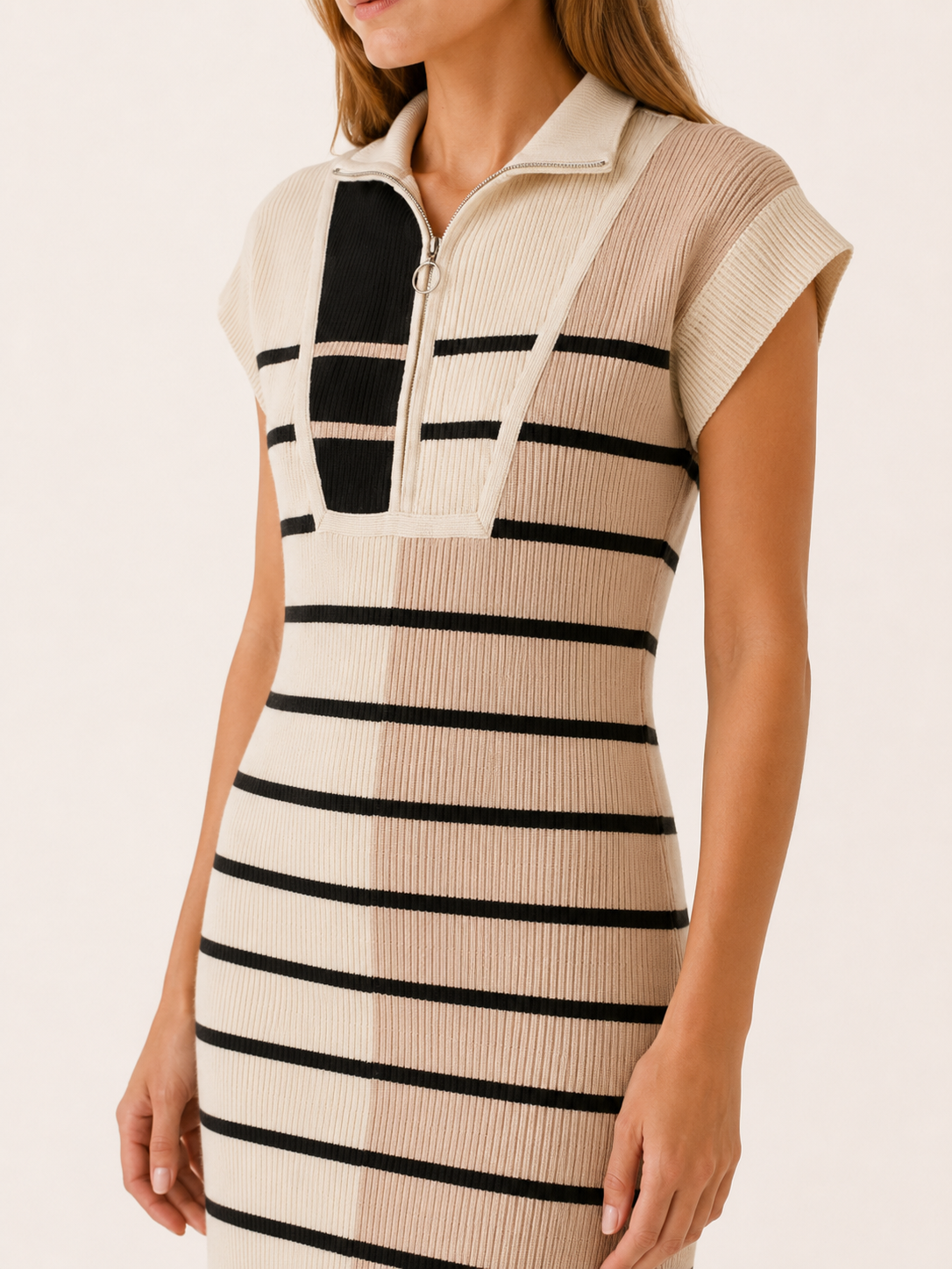 Eiravelle | Sweater Dress with Quarter Zip and Striped Design