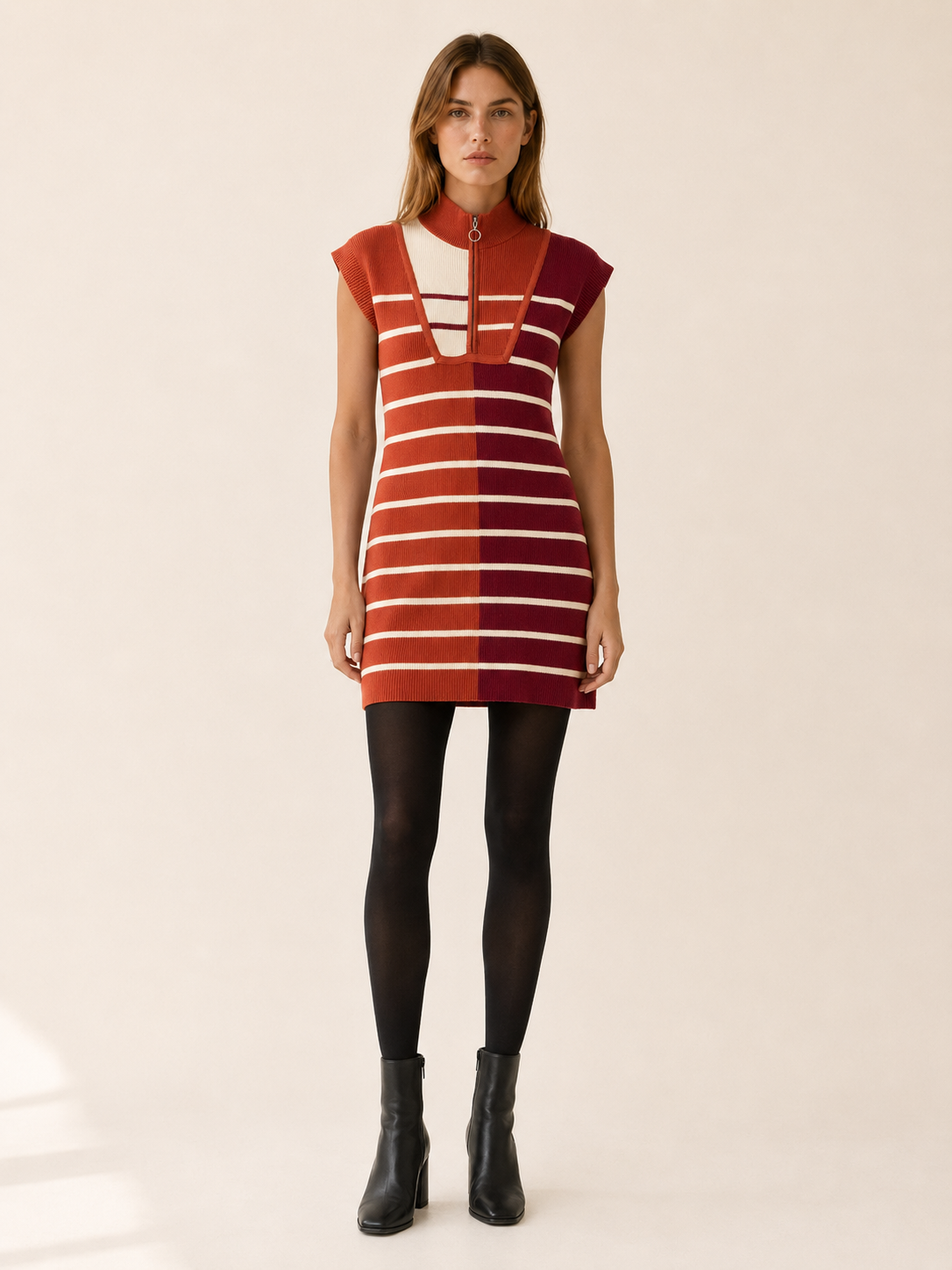 Eiravelle | Sweater Dress with Quarter Zip and Striped Design