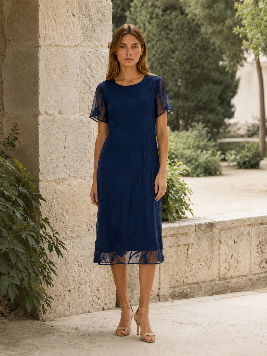 Eirlys | Floral Chiffon Midi Dress with A-Line Fit