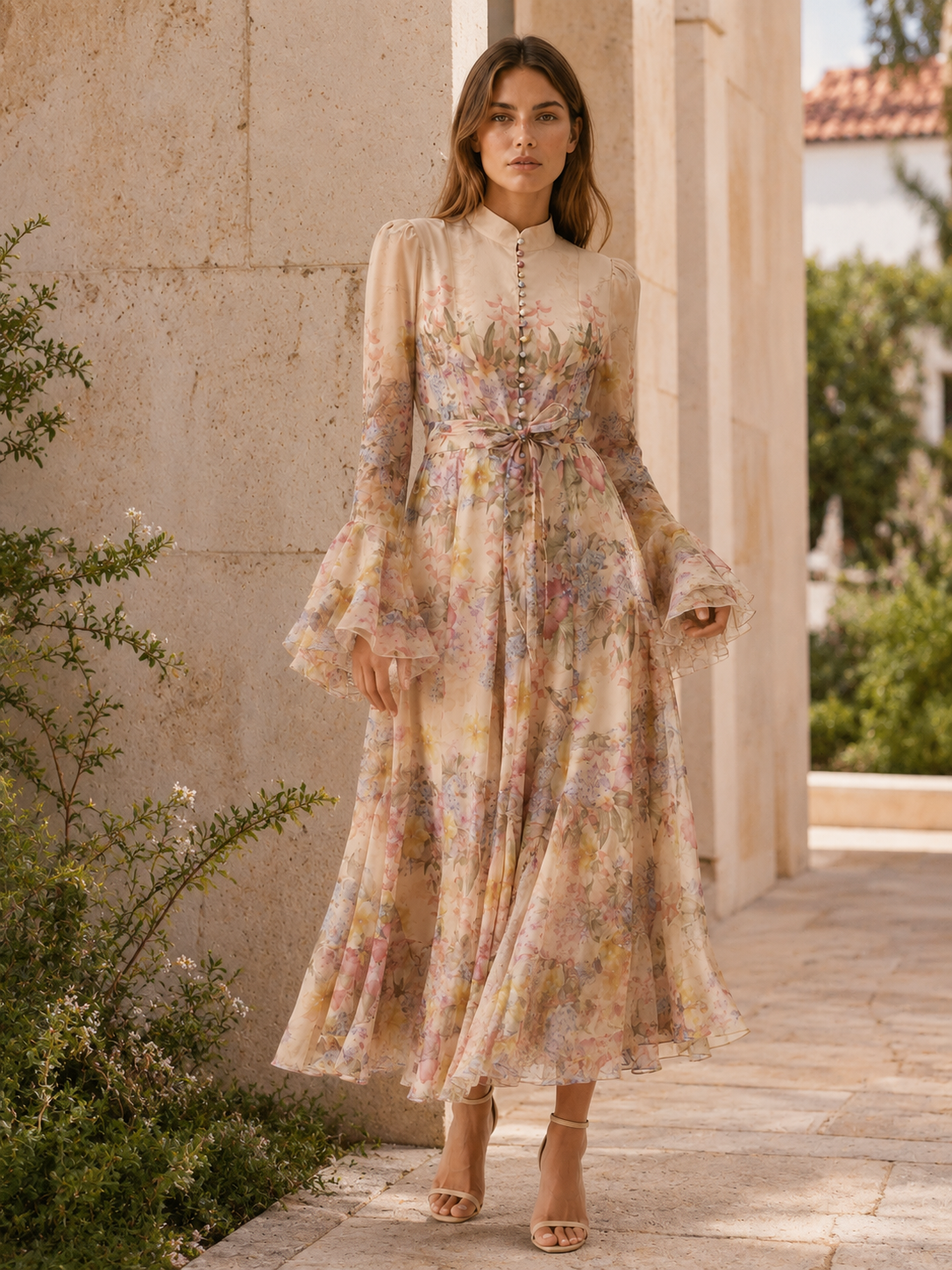 Elaraine | Floral Ruffle-Cuff Maxi Dress