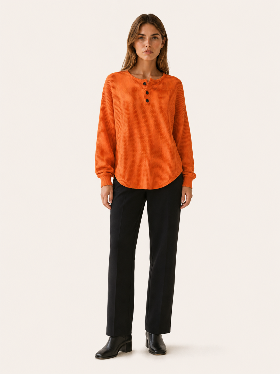 Elarune | Women's Waffle Button Neck Jumper