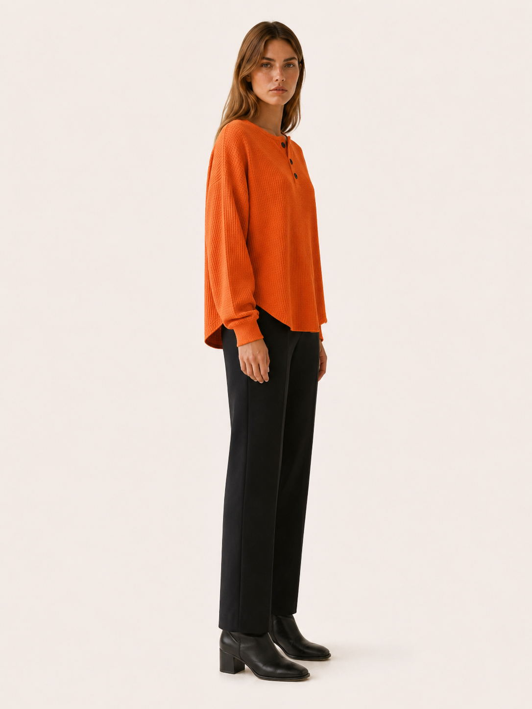 Elarune | Women's Waffle Button Neck Jumper