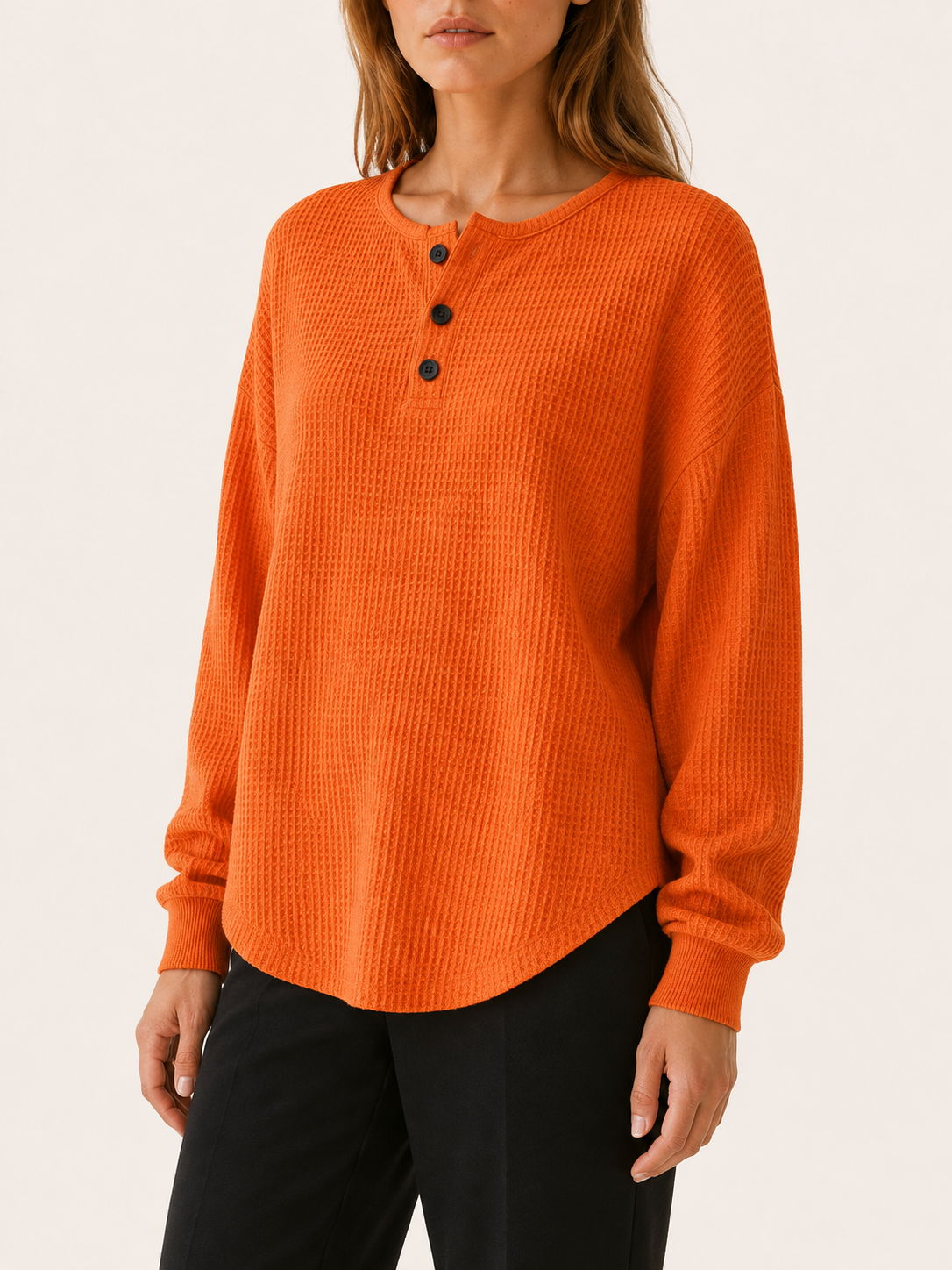 Elarune | Women's Waffle Button Neck Jumper