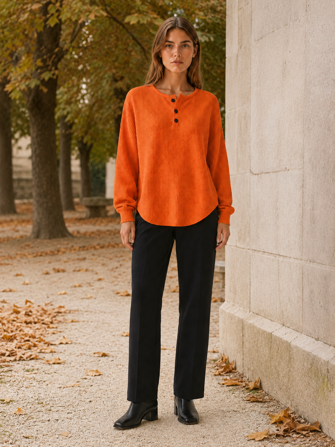 Elarune | Women's Waffle Button Neck Jumper