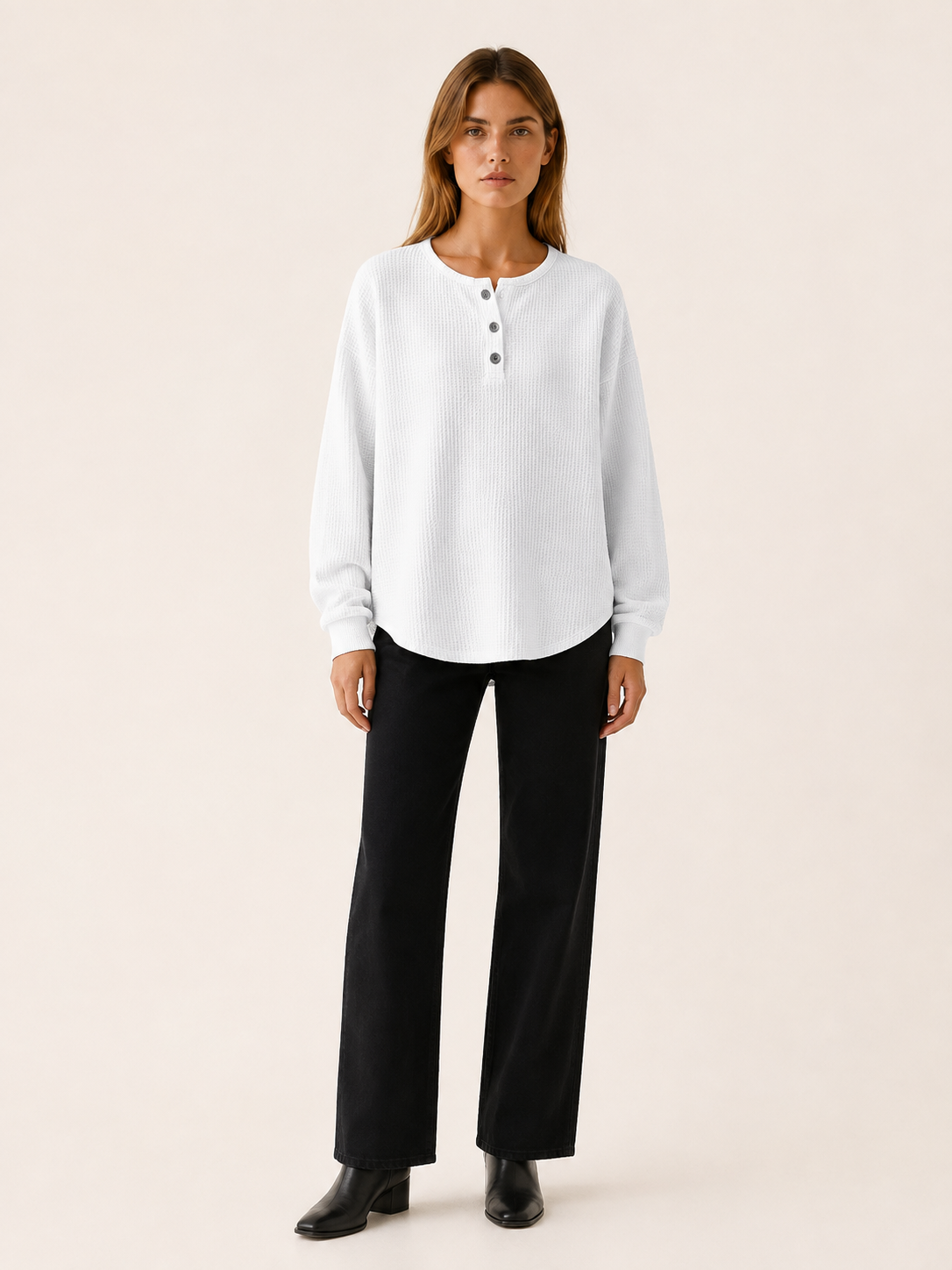 Elarune | Women's Waffle Button Neck Jumper