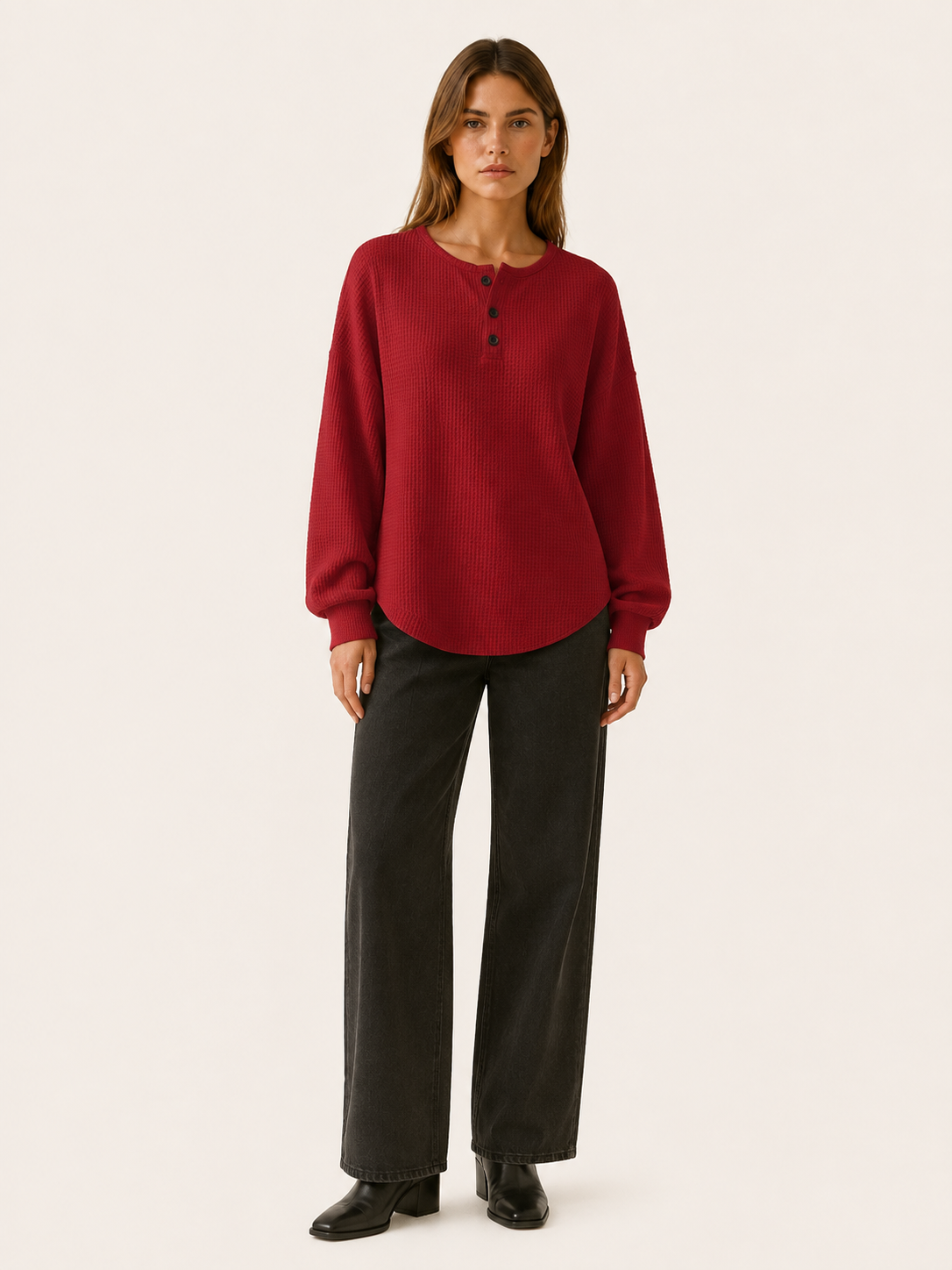 Elarune | Women's Waffle Button Neck Jumper