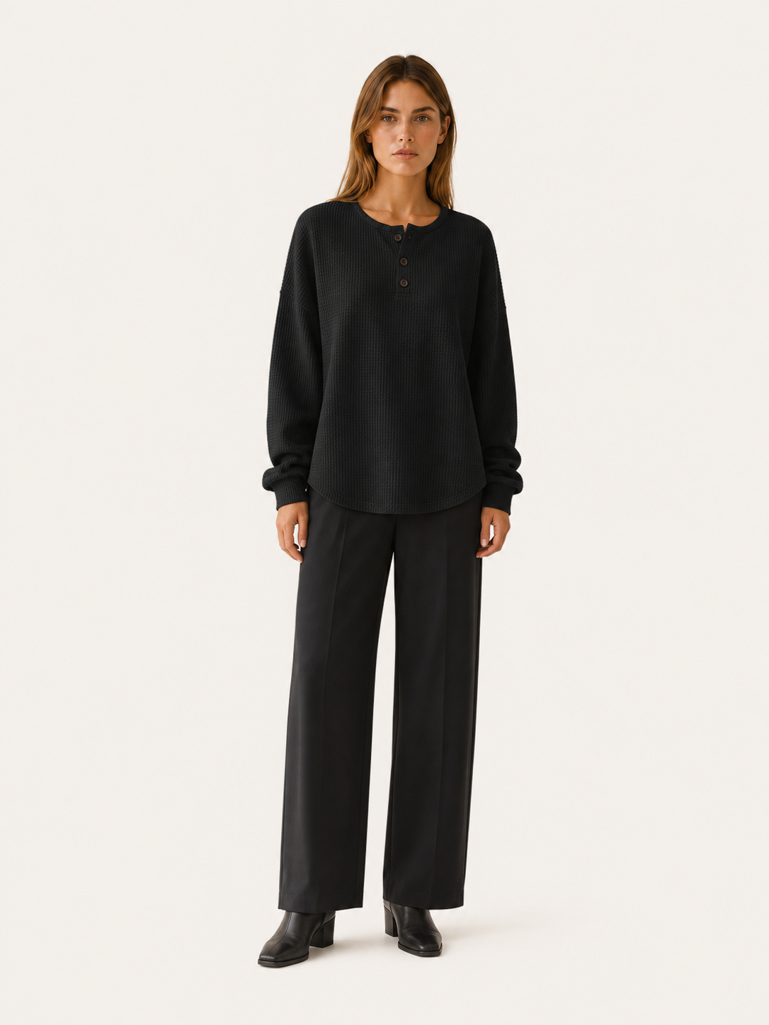 Elarune | Women's Waffle Button Neck Jumper