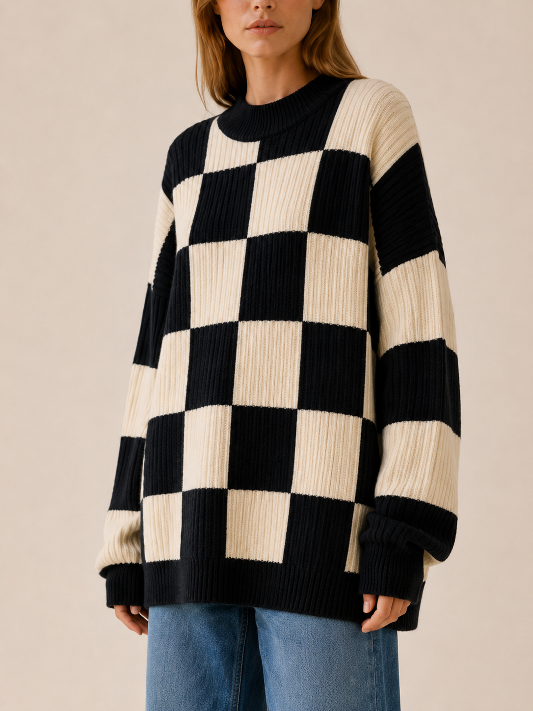 Eleri | Oversized Jumper with Checkerboard Pattern