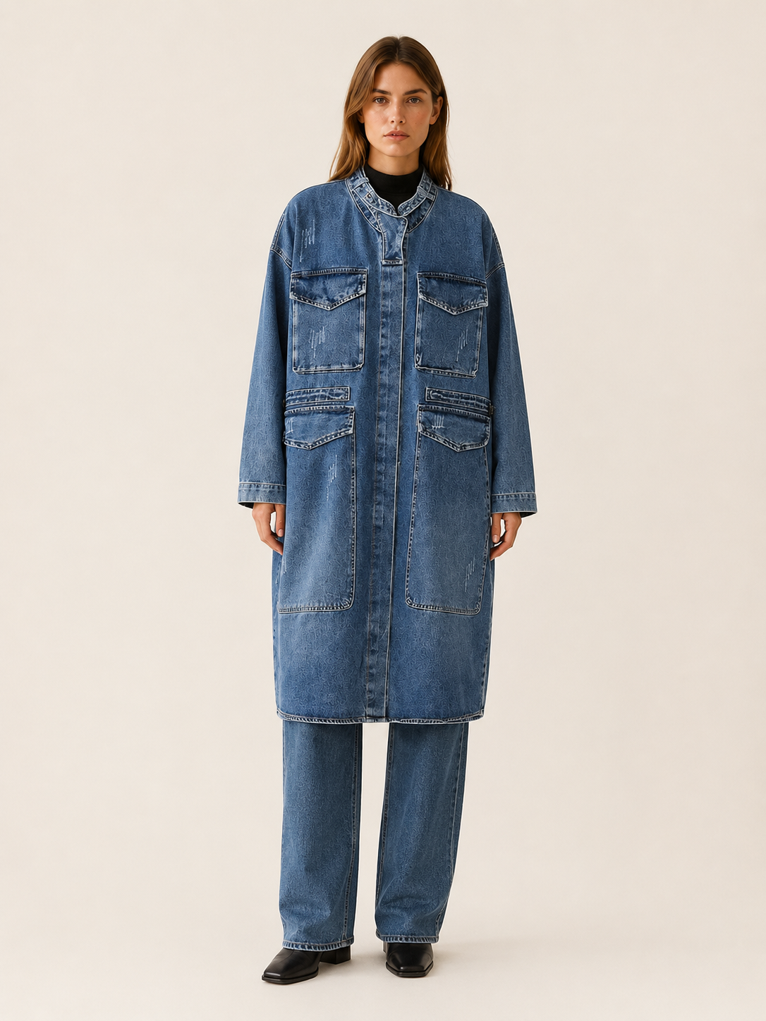 Elestren | Women’s Long Denim Coat with Four Patch Pockets