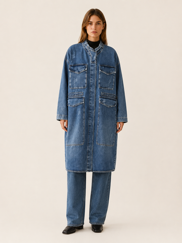 Elestren | Women’s Long Denim Coat with Four Patch Pockets