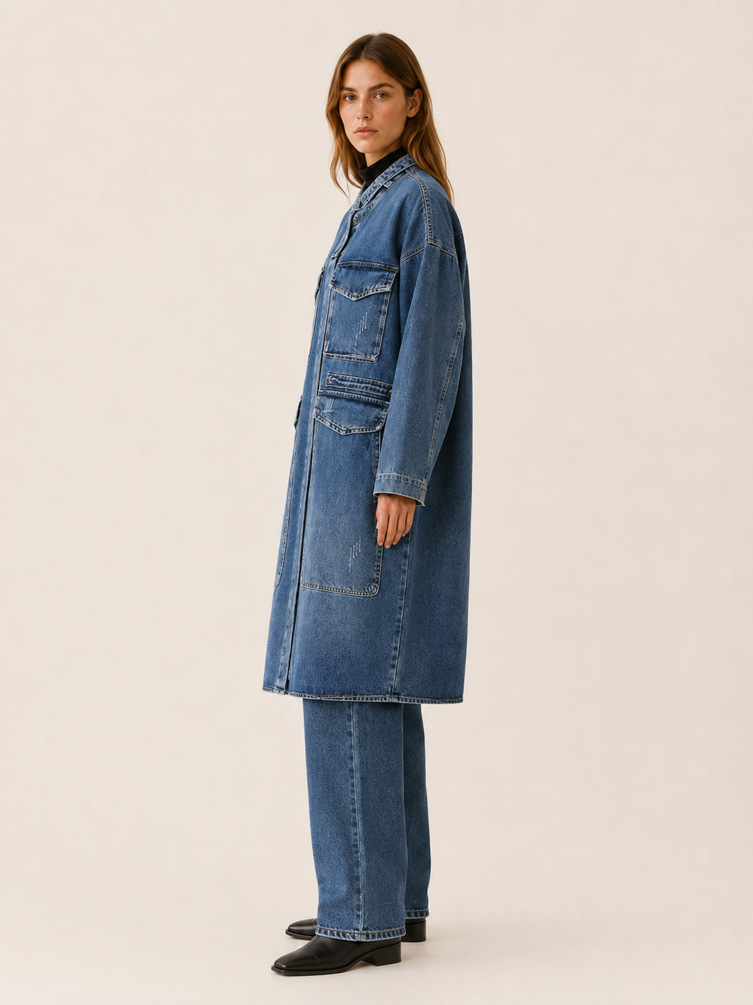 Elestren | Women’s Long Denim Coat with Four Patch Pockets