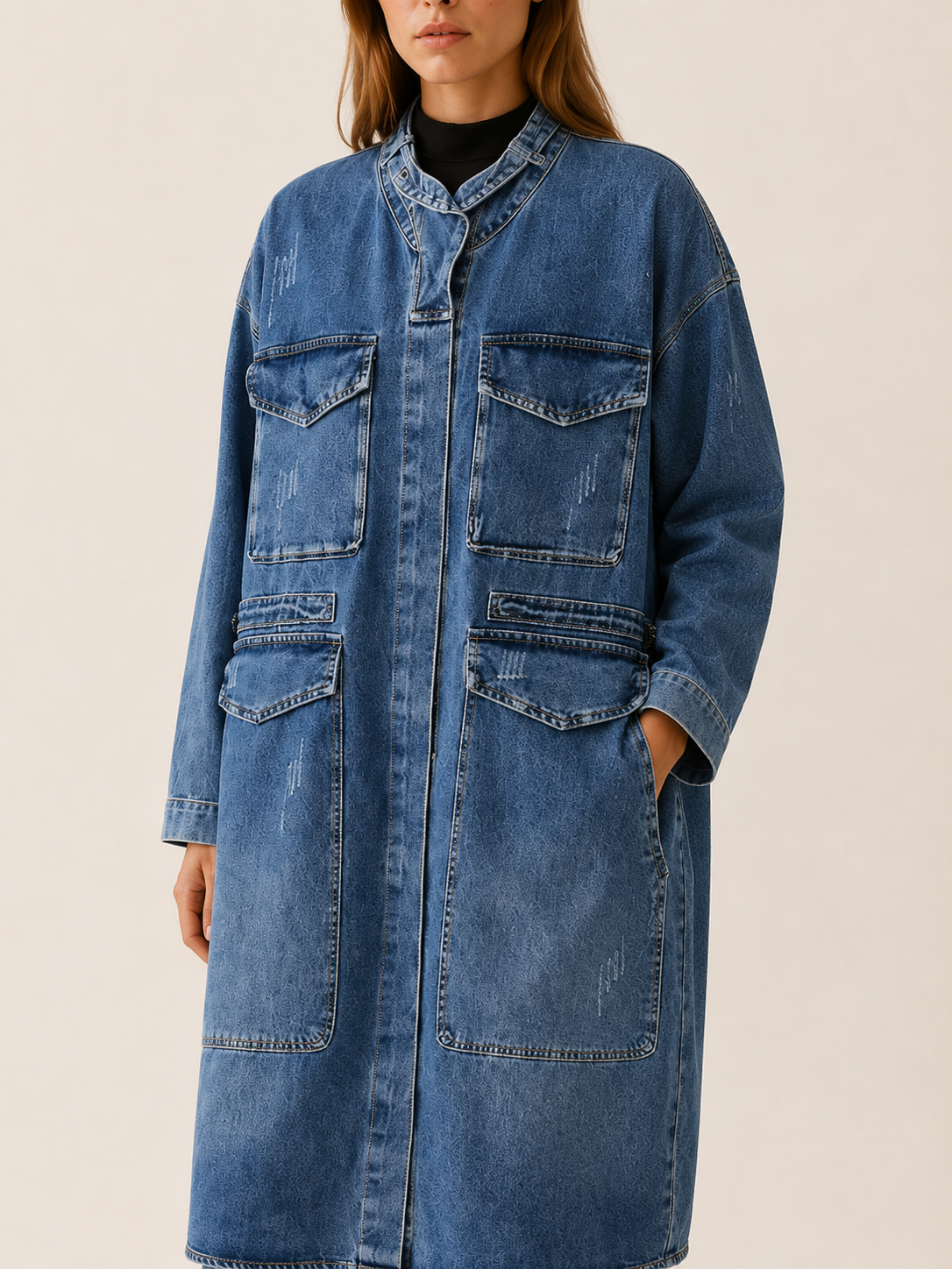 Elestren | Women’s Long Denim Coat with Four Patch Pockets