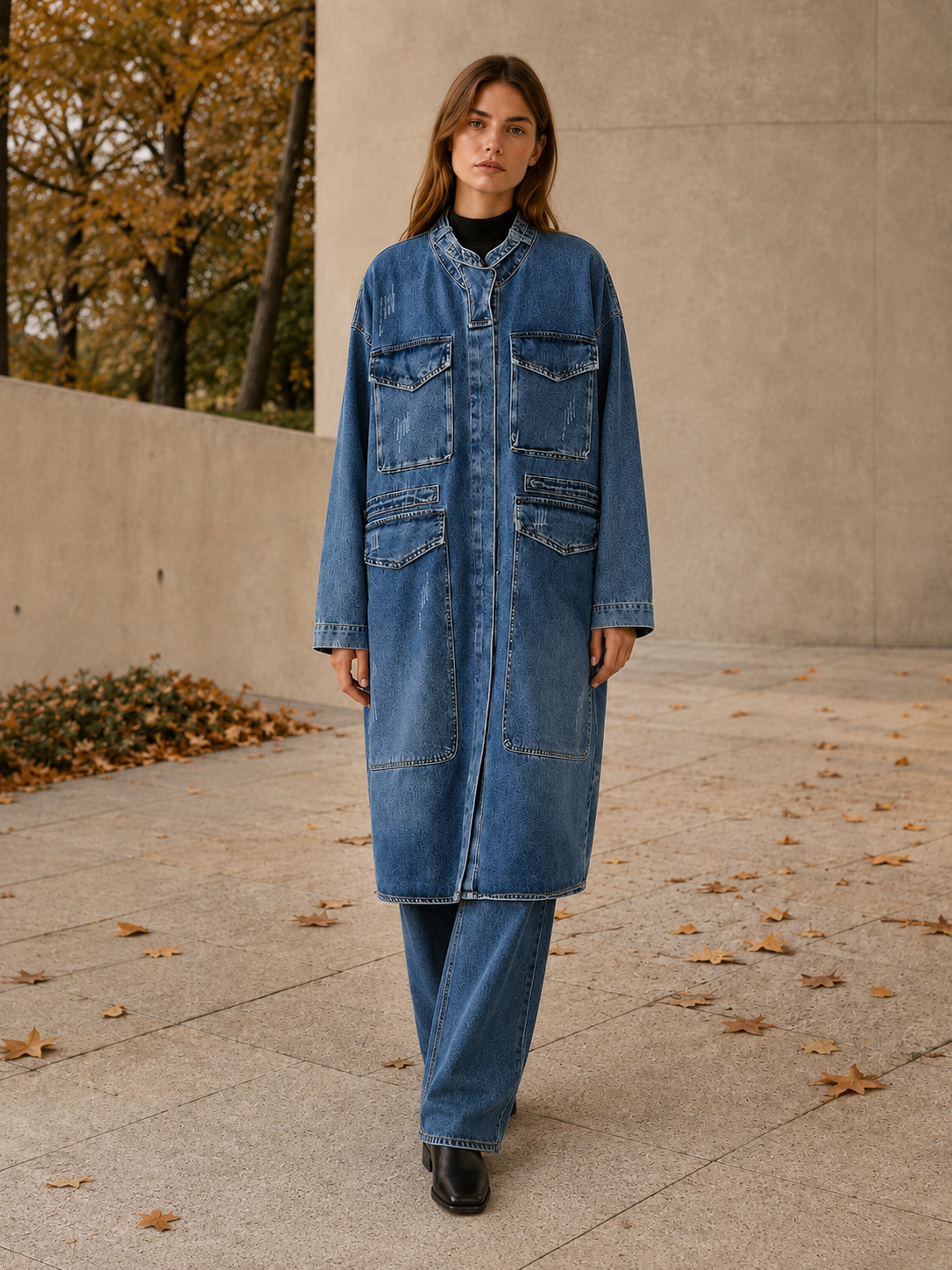 Elestren | Women’s Long Denim Coat with Four Patch Pockets