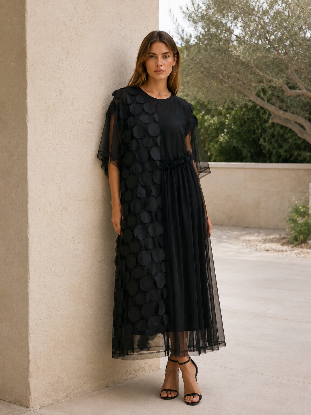 asymmetric overlay dress Long Glitter Mesh Dress with Novelty Asymmetric Overlay Bodice