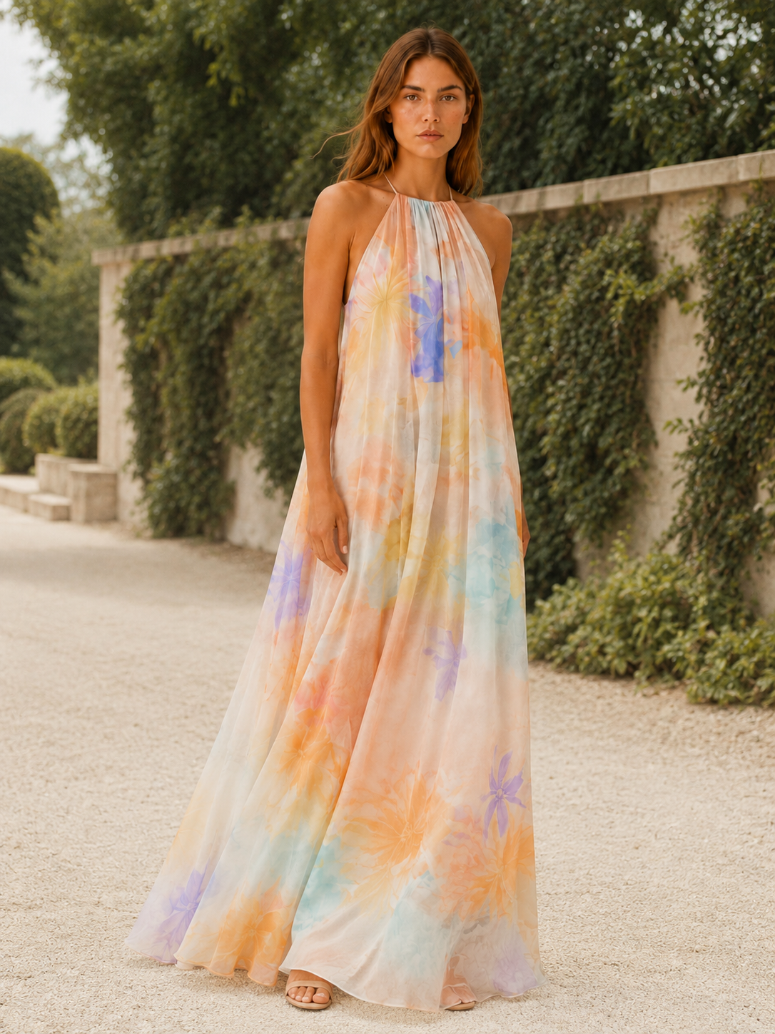 Ellis | Halter Neck Maxi Dress with Flowy Chiffon Wedding Guest Dress
